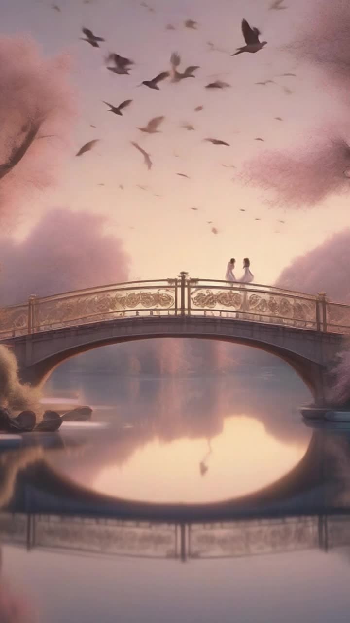 Majestic bridge adorned with intricate wroughtiron details golden accents and marble sculptures glistening lanterns illuminating the pathway gliding gracefully across a serene river Soft orchestral music swells as camera sweeps along bridge capturing exquisite craftsmanship reflections dance in the water below birds soar through a pastel sky gentle breeze caresses nearby trees enveloping scene in a dreamlike atmosphere romantic aura radiates from timeless beauty 3D ultrahigh resolution enhances every detail majestic elegance unfolds in sweeping cinematic motion