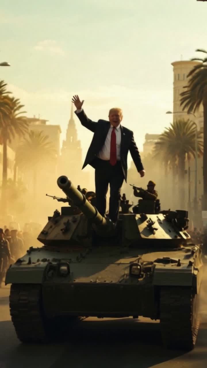 Tank is rolling down the street as Trump stands proudly with his arm fist pumping  into the air, but without warning the tank fires its gun, but the ballistics explode the tank from inside, the explosion disassembles the tank in slow motion view as if everything is floating without gravity present, only the tattered blue suit and red tie are left of Trump, the citizens rejoice knowing the exploding tank saved the day, 4th of July Festival