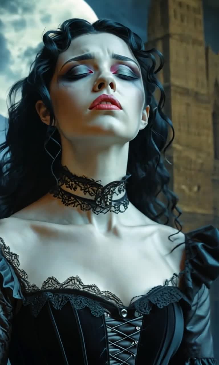 Woman with cascading black hair adorned in gothic attire pours her heart into a haunting melody Voice echoes powerfully like thunder resonating through a desolate forest Shadows dance around her as dark clouds swirl overhead Moonlight breaks through the branches illuminating her somber expression Eerie whispers carried by the wind enhance the atmosphere, creating an otherworldly vibe Mist rolls in from hidden depths, cloaking the scene in mystery Spectacular gothic architecture looms in the background, towering spires piercing the night sky Enchanting yet mournful energy envelops every note as she captivates unseen spirits