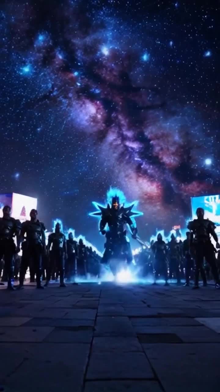 Cinematic, moody, neon, explodes, Chosen warrior with spikey hair radiating atomic blue energy leads the army of GOD to the new earth but must battle through evil demon armies 