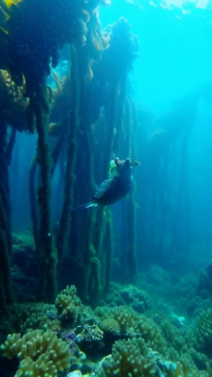 the surreal seahorse swimming fiercely with notion blur amongst a stunning kelp forest growing out of vibrant coral