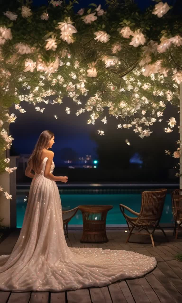 Radiant lovers swaying gently under moonlit sky  Melodic whispers floating through warm evening breeze  Starlit garden adorned with blooming jasmine flowers