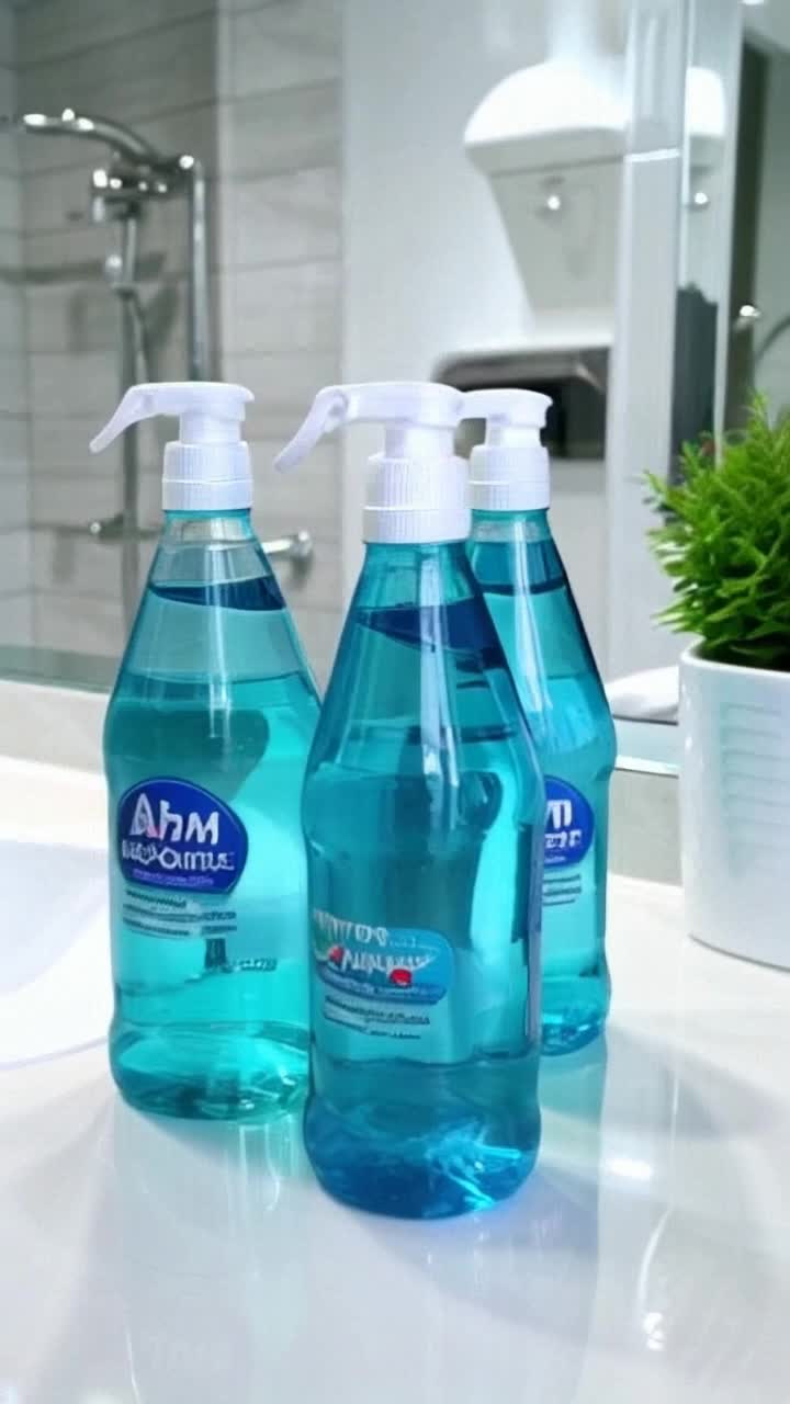 Vibrant bottles of Nexa toilet cleaner gleaming on a pristine countertop Catchy animated text swirling around highlighting freshness and cleanliness Brightly lit modern restroom setting with sparkling tiles and lush green plants inviting a sense of serenity and hygiene
