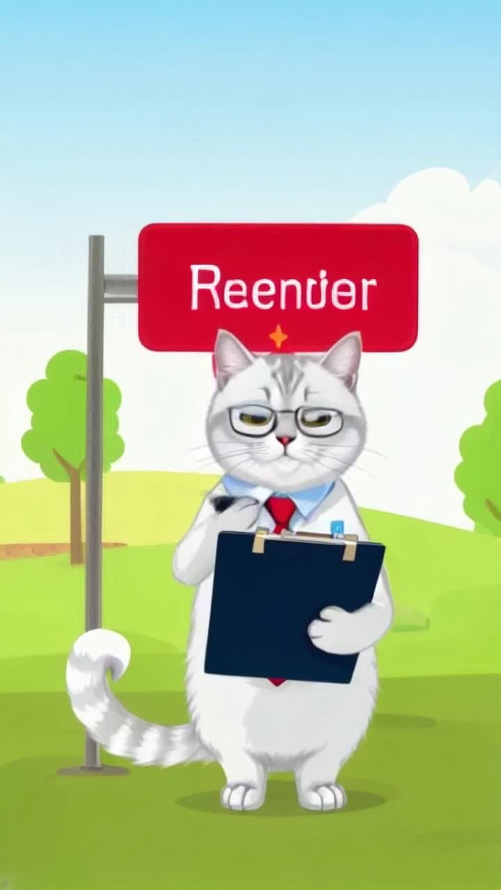 An orange chonky cat realtor standing in front of a Sold sign, holding a clipboard, wearing glasses and a tie Hyperrealistic digital art, bright daylight, beautiful suburban background