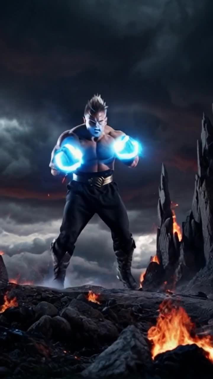 Radiant high vibrational warrior with fierce spiky hair pulsating with atomic blue energy strikes powerful hero poses flexing his bulging muscles in triumph over dark forces Undulating waves of energy surround him illuminating a barren battlefield scattered with remnants of defeated demons Dramatic clouds swirl overhead casting contrasting shadows while beams of light pierce through creating a celestial backdrop Clenching fists and exuding confidence warrior stands tall embodying valor and resilience celebrating a monumental victory against malevolence