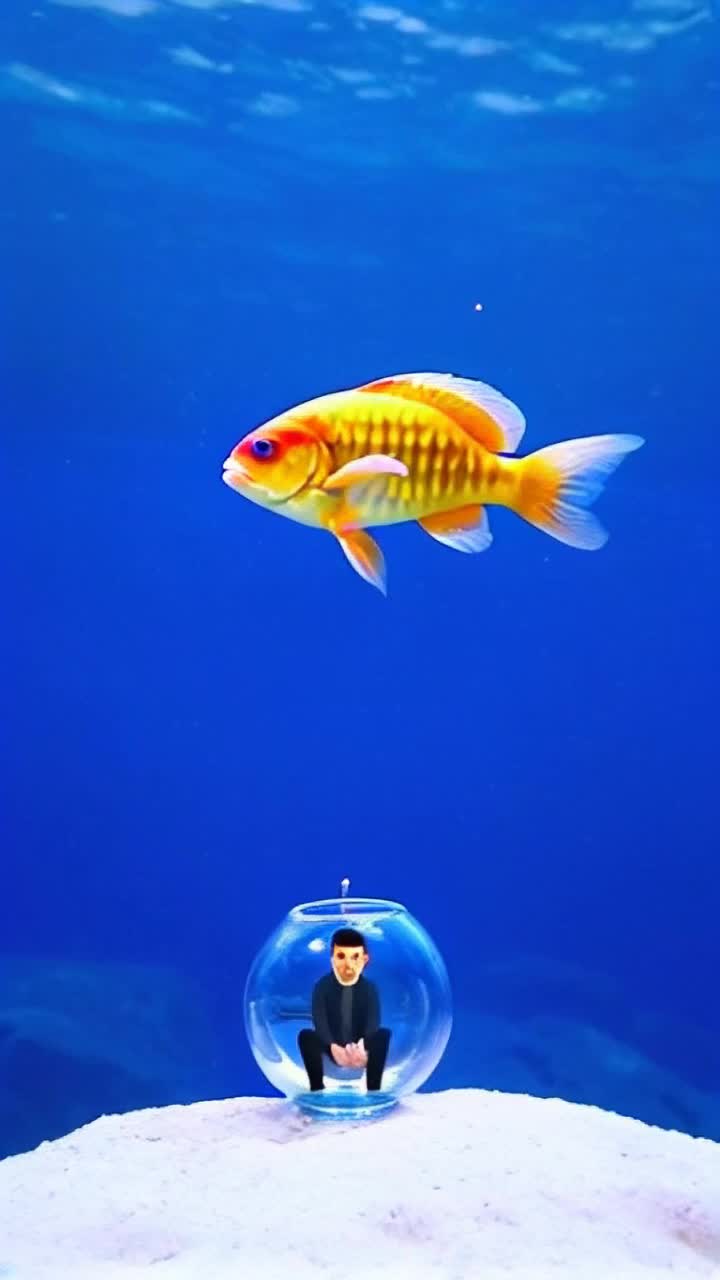 A giant goldfish deep in the ocean swims down to a tiny capped fish bowl where a man inside remains dry as he sits in total boredom and insanity, the goldfish watching him taps on the fishbowl, the man jerks and vibrates, levitating like a cartoon