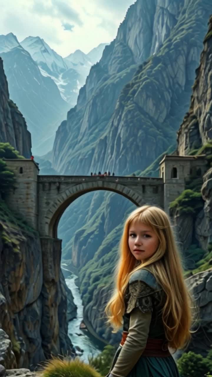 The maidens journey led her through a steep mountain valley with a raging river at the bottom, a intimate stonework bridge is the only way to get to the other side of the valley,  drone shot, glide forward towards the bridge 