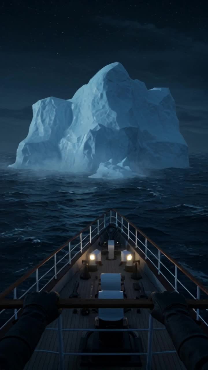 POV shot from the eyes, standing near the Titanics bow at night The camera moves forward slightly, revealing a towering iceberg emerging from the darkness Cold blue moonlight casts eerie shadows on the icebergs jagged surface The camera shakes slightly as the ships searchlights flicker on, illuminating the massive frozen structure The hands grip the cold metal railing tightly, The low hum of the ships engines grows more ominous Ultrarealistic ice textures, deep atmospheric tension, slow and steady camera movement