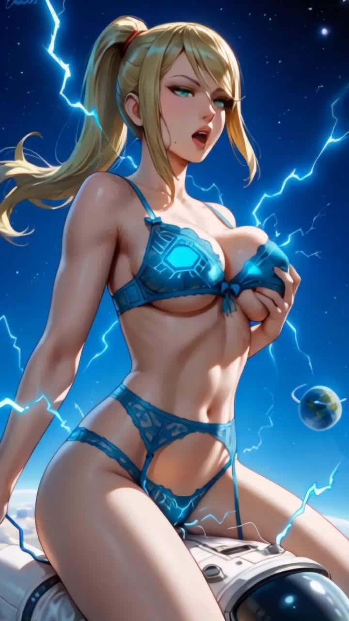 a beautiful woman sitting on a satellite getting electrocuted sparks and lightning jolting around her body as she twitches and bounces her jiggling chest 