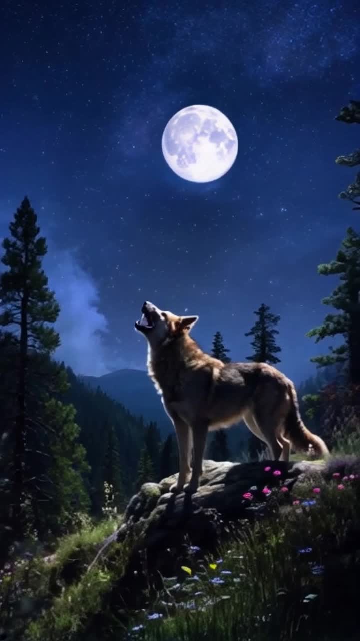 Vibrant illustration of a powerful wolf standing atop a rocky cliff illuminated by a radiant full moon Soft wind ruffles its fur as it lets out a soulful howl that echoes across the valley Dense forest with towering trees encapsulates the scene colorful wildflowers dotting the landscape beneath basking in moonlight Stars sparkle in a clear night sky creating a serene yet wild atmosphere