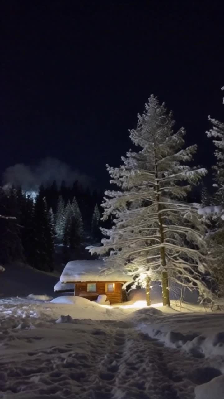 Snowy night in mountains, trees shimmering in moonlight with snow on boughs, light from nearby cabin brings hope, smoke from chimney, all is snowy and white by night 