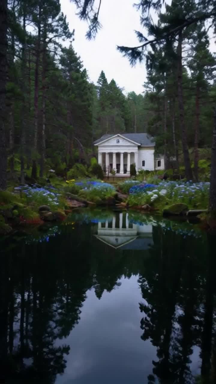 A beautiful pond in a deep dark mysterious forest in the Northern USA The pond has a reflection of a beautiful white Roman style building  with columns The realistic forest is full of diverse plants including pine trees, cedar trees, birch trees, ferns , mosses and diverse wildflowers that are white, blues, purples, pinks,  and yellows  