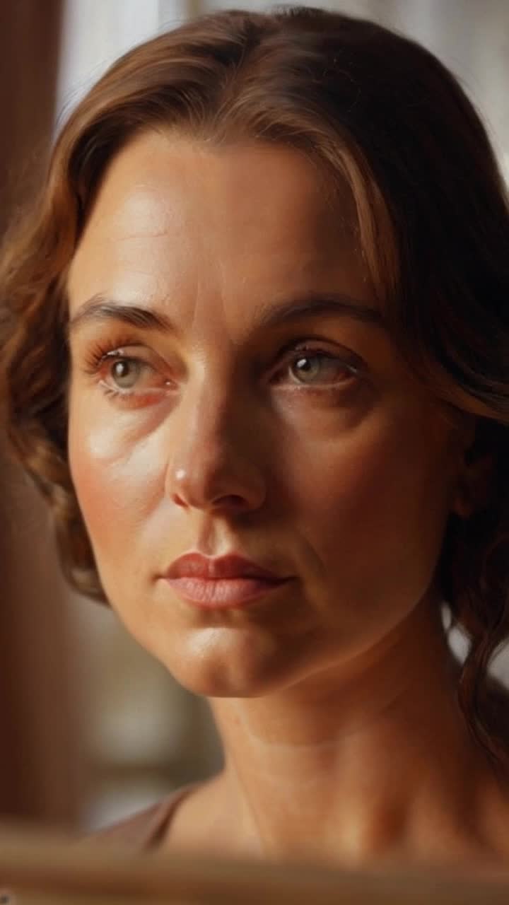 Lifelike human figure with intricate details featuring expressive eyes and textured skin gazing thoughtfully into the distance Capturing essence of emotion with soft brush strokes highlighting facial features Surrounding softly blurred studio setting with warm, natural light illuminating elegant backdrop of subtle, muted colors enhancing focus on subject