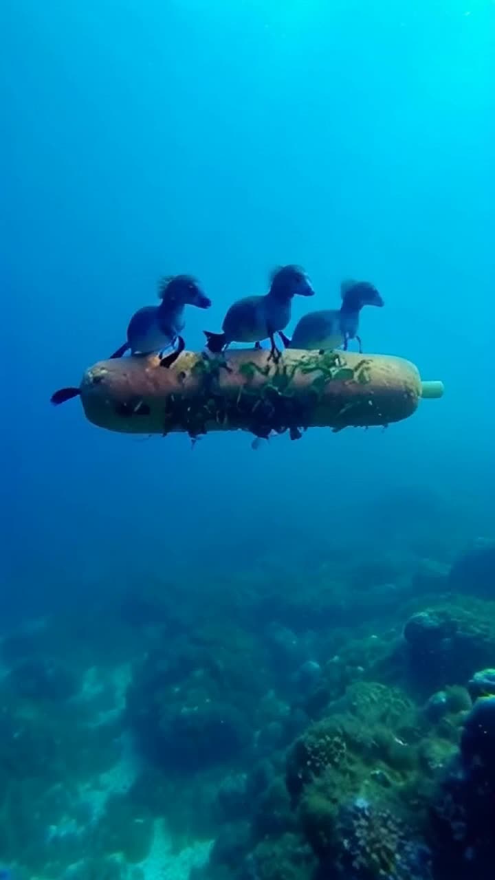 Seahorses riding through the ocean  on a hot dog