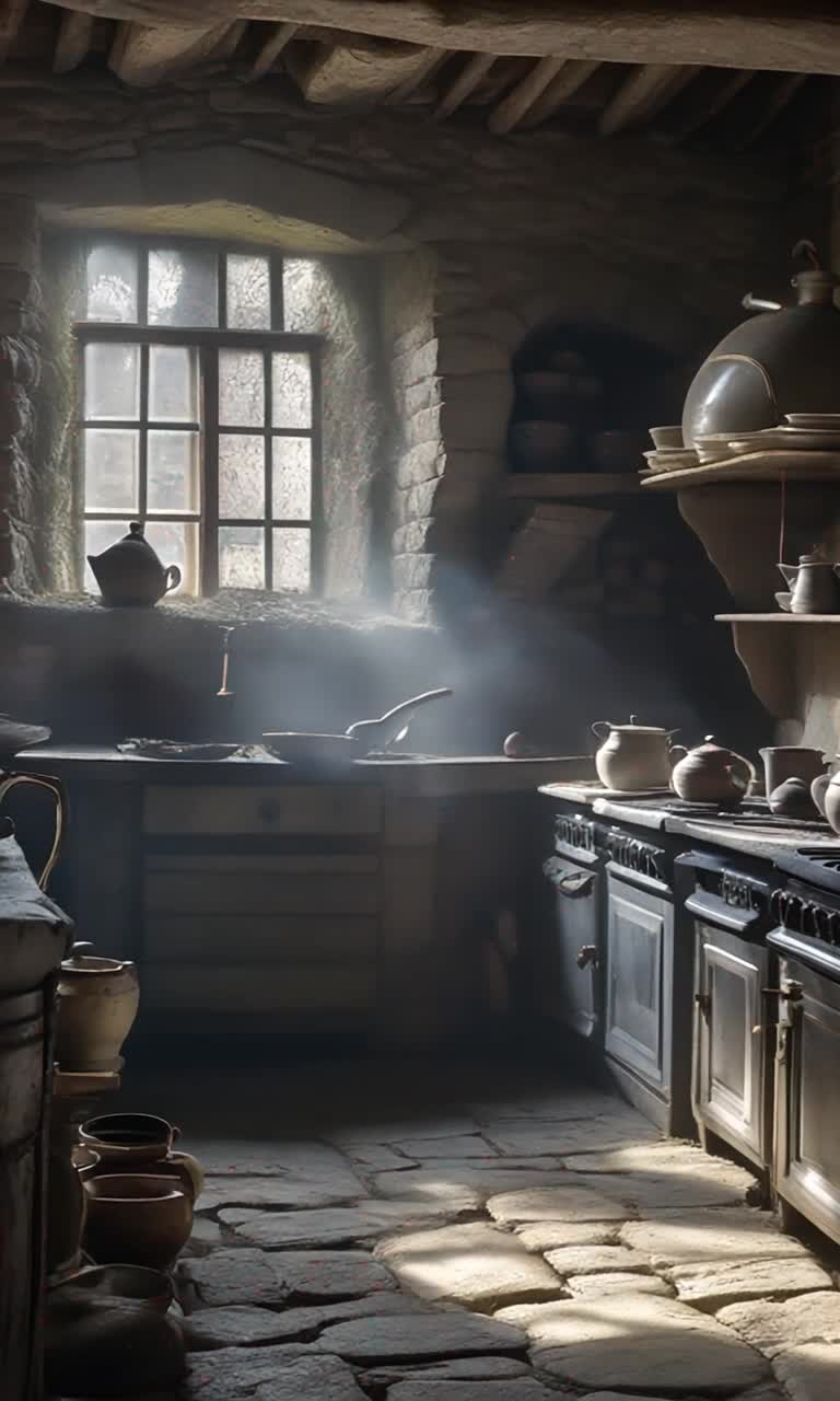 A full ancient English kitchen that is three hundred years old The floors are of old cobbled  grey stone  there is a huge hearth of similar grey stone There are tea pots teacups  pans and stonewear jugs and cotainers seemingly moving around by themselves  There is mist that suggests ghosts The place is covered in cobwebs and dust there is an eeerie feeling 