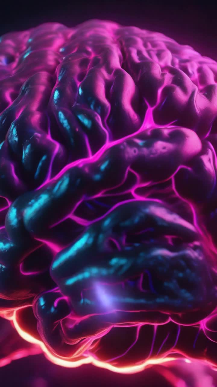 Neon glowing bulbous vascular slimy brain pulsating and flexing with vibrant intensity electrical pulses seeping from its folds swirling and dancing amidst an infinite jet black void dynamic electric charges illuminating a mesmerizing ethereal glow casting shadows and reflections creating an otherworldly atmosphere surrounding the brain texture shifting revealing intricate details amidst the darkness an aura of energy enveloping the scene giving life to a surreal landscape of vivid colors and flickering lights electrifying the emptiness with a sense of motion and vitality