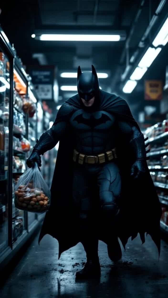 Batman stealing bags of grocery food and running out of the store
