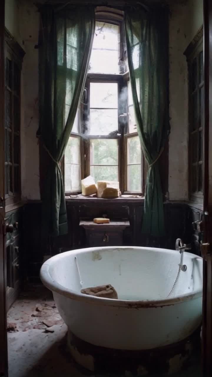 A once luxurious bathroom in an ancient English mansion there is a huge claw footed tub that has brass fittings including the claw feet and knobs there is a fat cracked yellow old fat yellowed  soap There  is some mist  that is possibly a female spirit  taking a bath in the tub A tall dull leaded paned window with some broken panes provides some light dark green rotted velvet curtains sway in the breeze with cobwebs and dust 
