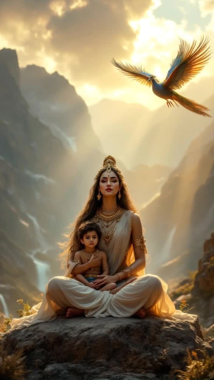 Heres a reel script for your given sceneReel Script Goddess SkandamataDuration 2025 secondsMusic Calm, melodious, and divine instrumental music such as a flute or veenaAudio Gentle sound of wind, slow sound of a waterfallShot 1 05 secondsScene The camera slowly pans upward, with rays of golden sunlight streaming down through the clouds A wide shot of the majestic and serene peaks of the HimalayasText on screen The fifth day of NavratriShot 2 512 secondsScene The camera zooms in Goddess Skandamata is seated on a rock Her face is extremely calm and compassionate She holds her son, Skanda, in her lap, who looks up at her Focus on the tenderness and peace of motherhood in this shot Shot 3 1218 secondsScene Suddenly, a huge and majestic peacock flies into the frame, its wings spread Iridescent colors shine on its feathers, and its flight casts a golden glow in the air The camera follows the peacocks graceful flightShot 4 1825 secondsScene The camera again shows the entire divine scene  Goddess Skandamata, her son, and the flying peacock High mountain peaks and waterfalls are clearly visible in the background This shot is a powerful blend of peace, strength, and loveText on screen Mother Skandamata Symbol of motherhood, strength, and loveMusic The music slowly fades out