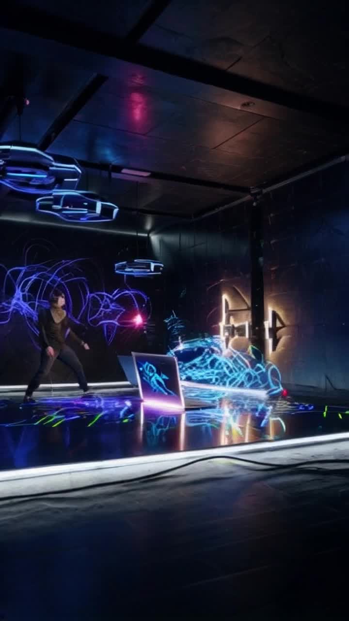 Futuristic artist surrounded by swirling NeuroLink drones in a sleek, illuminated studio Frantically reaches for glowing laptop unleashing colorful blockchain graffiti bursting to life Radiant tags dance across gritty brick walls illuminating dark alleyways with pulsing light showcasing urban chaos