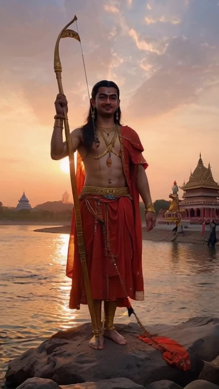 Lord Shri Ram standing gracefully on the banks of River Sarayu at sunset, holding his divine bow Kodanda, wearing saffron clothes, a calm yet powerful aura, gentle smile, long flowing hair, golden crown, glowing skin, surrounded by Hanuman, Lakshman, and vanar sena in the background, Ayodhya temple far behind, divine light from sky, peaceful atmosphere, spiritual vibes  ultradetailed, epic lighting, cinematic, mythological art style