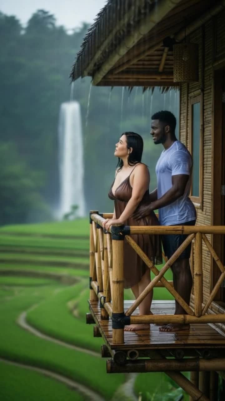 heavy rain, man HUGS woman