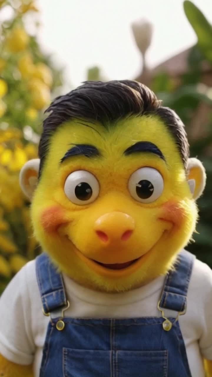 Colorful minion character with large expressive eyes and a beaming smile fills the frame, glistening platinum grill teeth shining brilliantly under sunlight, vibrant blue overalls accentuating playful charm, smooth camera zoom creates an intimate connection, soft blurred garden background teeming with lively greens and yellows, warm natural light expertly highlighting every texture and detail, whimsical shadows dance around its joyful face, inviting viewers into a world of cheer and mischief, capturing the essence of fun and friendship, creating an enchanting atmosphere that draws you closer to this beloved character