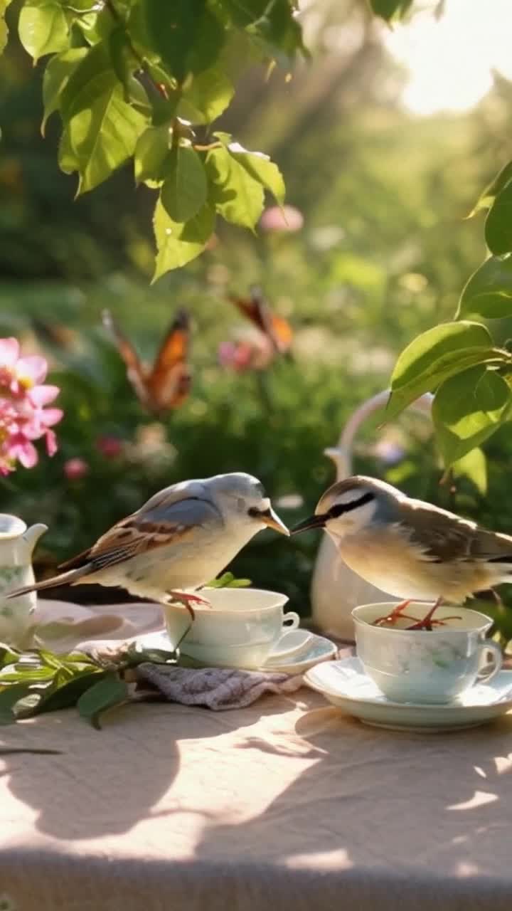 Colorful birds perched gracefully on delicate teacups, fluttering their wings eagerly as they sip fragrant herbal tea, soft sunlight filtering through lush green leaves, a quaint garden teapot adorned with intricate floral patterns, a gentle breeze rustling through vibrant blossoms, whimsical butterflies dancing in the air, laughter bubbling softly like the tea, a charming checkered tablecloth laid out under a gnarled oak tree, shadows playing on the ground, the harmony of nature blending with the serene ritual of tea time