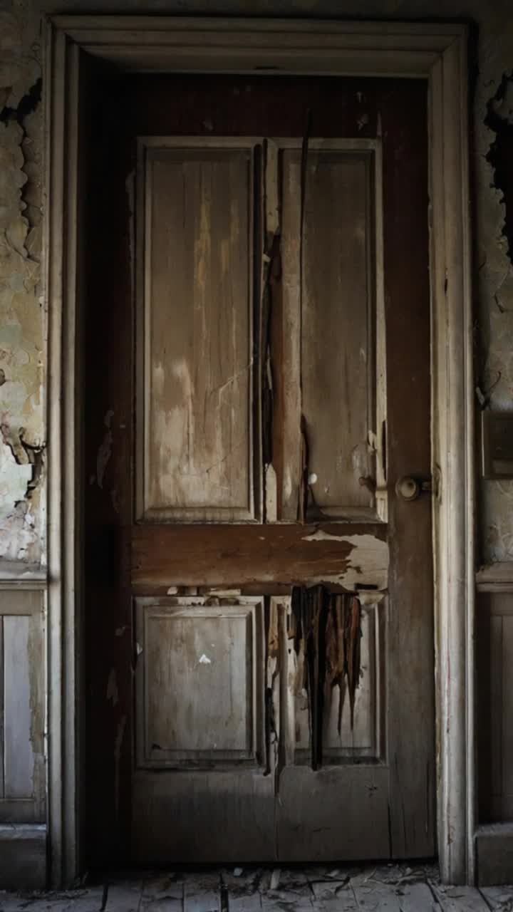 A decaying nursery door, slightly ajar, in a forgotten wing of an old estate The wood is warped and splintered, claw marks faintly etched into its surface A pale glow seeps from below, casting a faint outline of small feet on the dusty floor Beyond the door, shadows moveslow and uncertainlike a memory trying to take shape Faint fingerprints mark the walls, and a onceloved teddy bear lies facedown nearby The air is heavy with sorrow and the soundless echo of a voice, full of longing and betrayal Gothic, ghostly, and heartbreakingly mournful