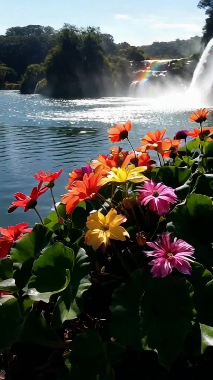 Lush exotic flowers in a riot of colors sway gracefully by a shimmering lake Two magnificent rainbows arc dramatically from a thunderous waterfall Their radiant hues create a surreal atmosphere Sunlight sparkles in playful glints across the water reflecting vibrant petals and cascading colors A gentle breeze whispers through the blossoms as they dance in harmony with the scene Magic fills the air as natures brilliance unfolds in a breathtaking tableau of wonder