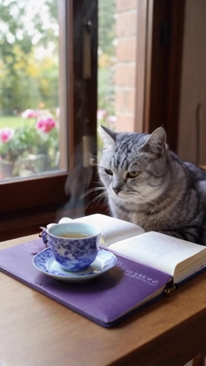 A gray tabby cat sits at a little table that has a Blue Willow china tea pot and Blue Willow tea cup in saucer Steam gently forms above spout and cup The gray tabby is writing in a purple hardcover journal with an average pen in paw, stops to take a careful sip of tea from the cup in both paws and place the tea cup back on the saucer, glance out the nearby eye level windows where a lush flower garden and butterflies are visible , then the cat again  grips the pen with paw and resumes writing