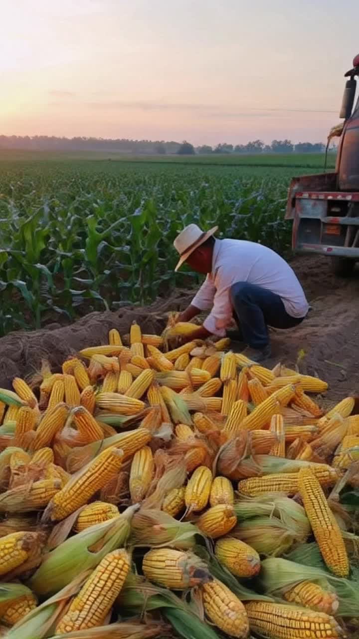 Solitary farmer kneeling in vibrant golden cornfield surrounded by towering green stalks, gently pulling ripe ears of corn from the husks Truck parked nearby with rusted metal gleaming in the warm sunlight, dusty tires sinking into rich brown earth, sky painted in soft pastel hues as the sun sets on a tranquil rural landscape