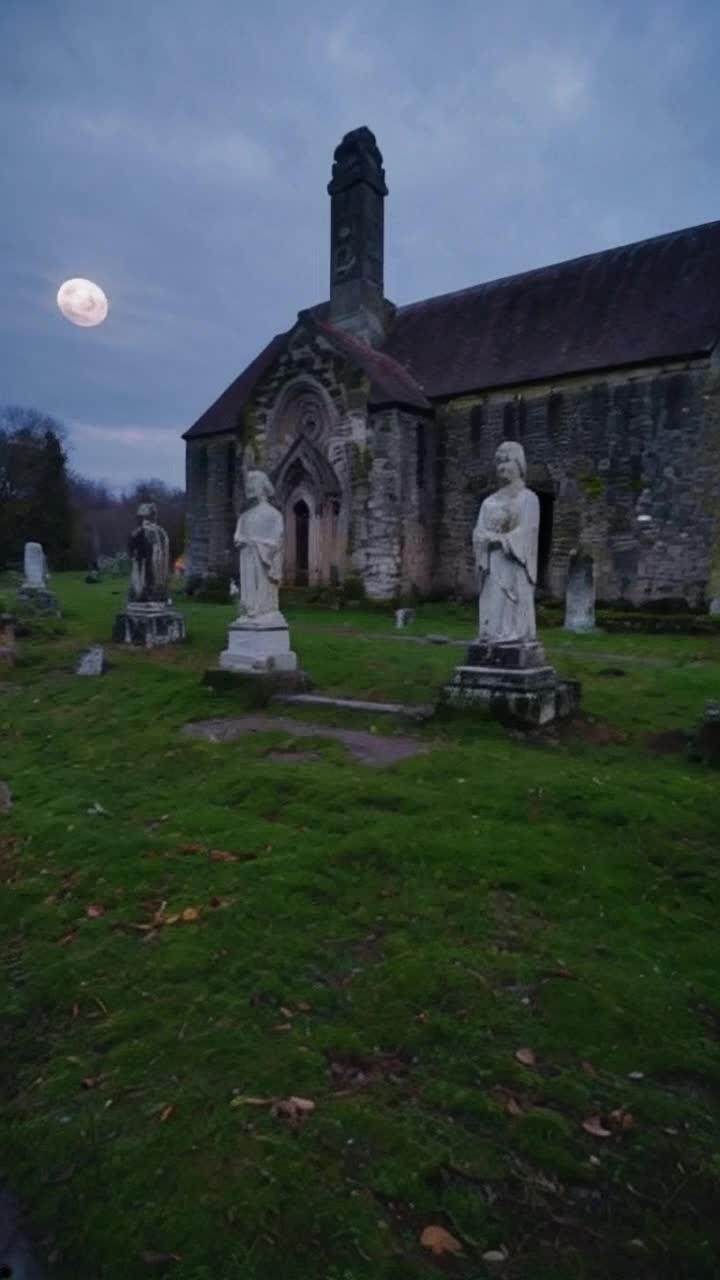 An ancient misty weed choked graveyard with an ancient stone church in Ireland the graveyard has beautiful marble moss covered stone statuary coming to life and walking around  there are glimmers of odd lights and spirits in thin diaphanous sheets the sky is a dramatic and cloudy and displays a beautiful full moon 