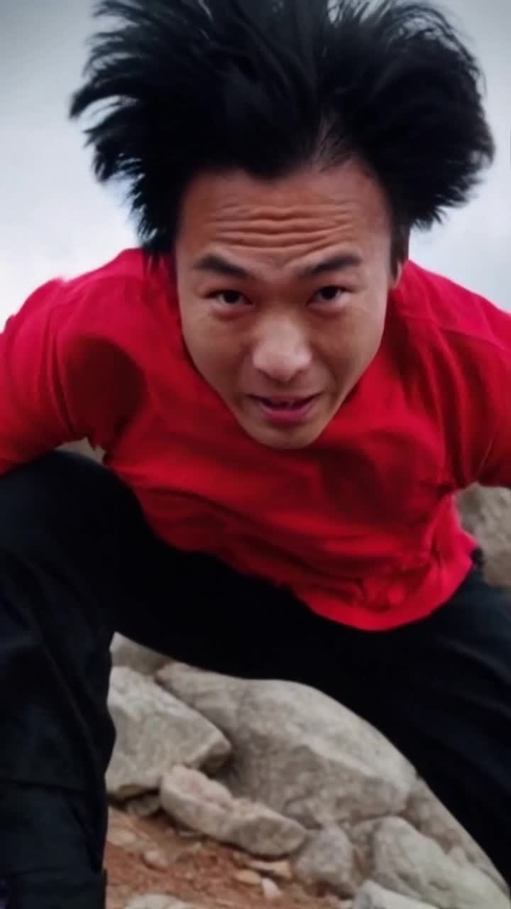 A anime character with black hair and jacket red shirt and black pants and brown eyes falling from a mountain 