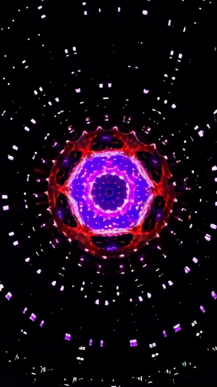 Multicolored kaleidoscope of geometric shapes swirling and shifting harmoniously vibrant patterns merging seamlessly into one another spinning rapidly in a surreal dreamscape filled with glowing ethereal lights pulsating softly against a dark starry backdrop creating an otherworldly ambiance inviting viewers to lose themselves in the endless flow of movement