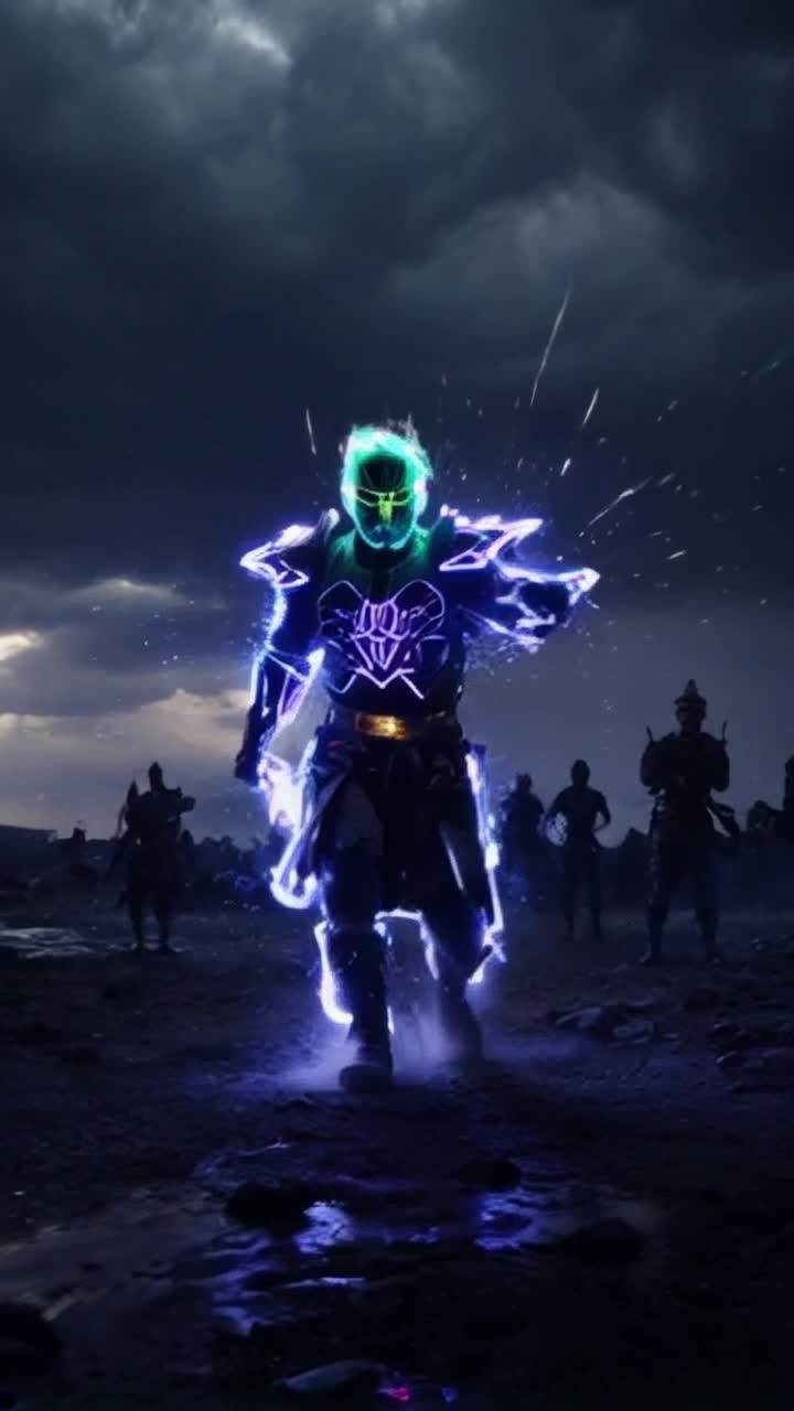 High vibrational warrior radiating fierce energy Spiky glowing neon hair shimmering with electric hues Charges into chaotic battlefield with determination Unleashing torrent of atomic force creating ripples of power around him Explosions and flashes of light illuminating dark stormy sky Soldiers engaged in frantic combat shadows cast in dramatic contrast Brightly colored energy swirling in vibrant patterns amidst chaos