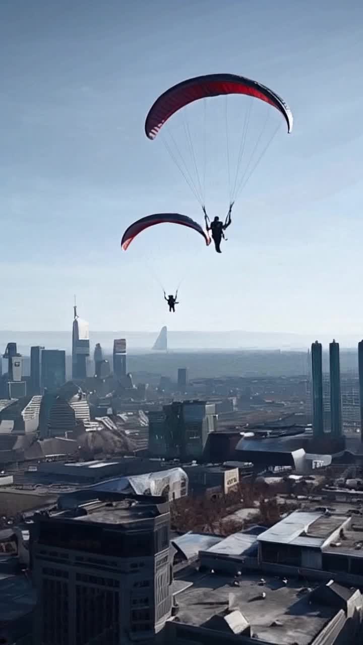 A futuristic war being fought with soldiers paragliding and shooting each other with lazer guns
