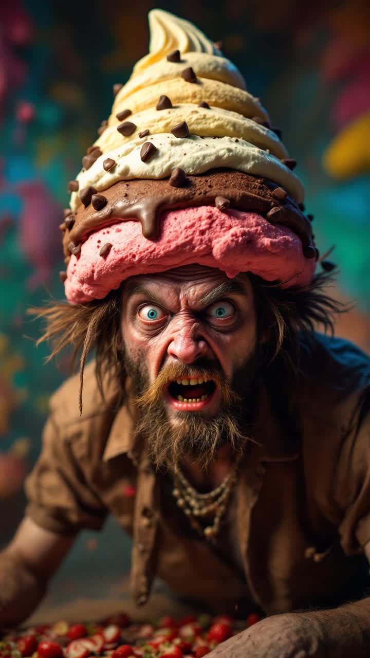 Ugly freaked out wild man wearing large hat made entirely of neapolitan ice cream colorful action bizarre