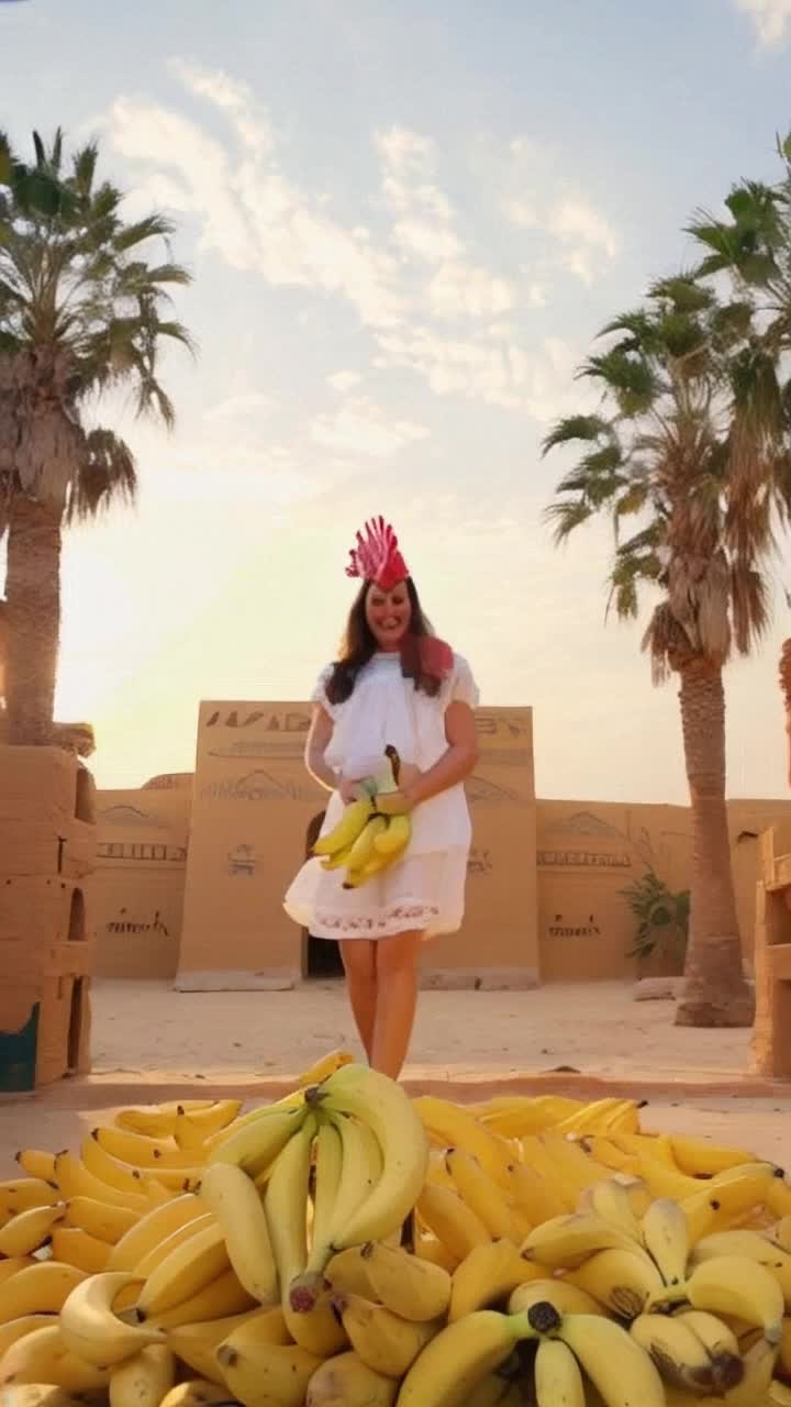 Vibrant lady dressed in a whimsical chicken cosplay costume twirls enthusiastically amidst a sea of bright yellow bananas scattered all around her She leaps energetically scooping up bananas with joyous fervor while dancing gracefully to an upbeat rhythm Enchanting Egyptian motifs swirl in the background beneath a shimmering oasis sky palm trees sway gently as golden sunlight bathes the scene creating a whimsical blend of culture and playful absurdity