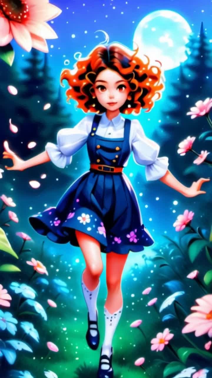 A happy disposition, dreamy atmosphere, flower petals dance on the winds, glistening moonlight, vibrant stars in the deep royal blue sky, prancing through lush meadow, high quality resolution, description by csherriereevoices 