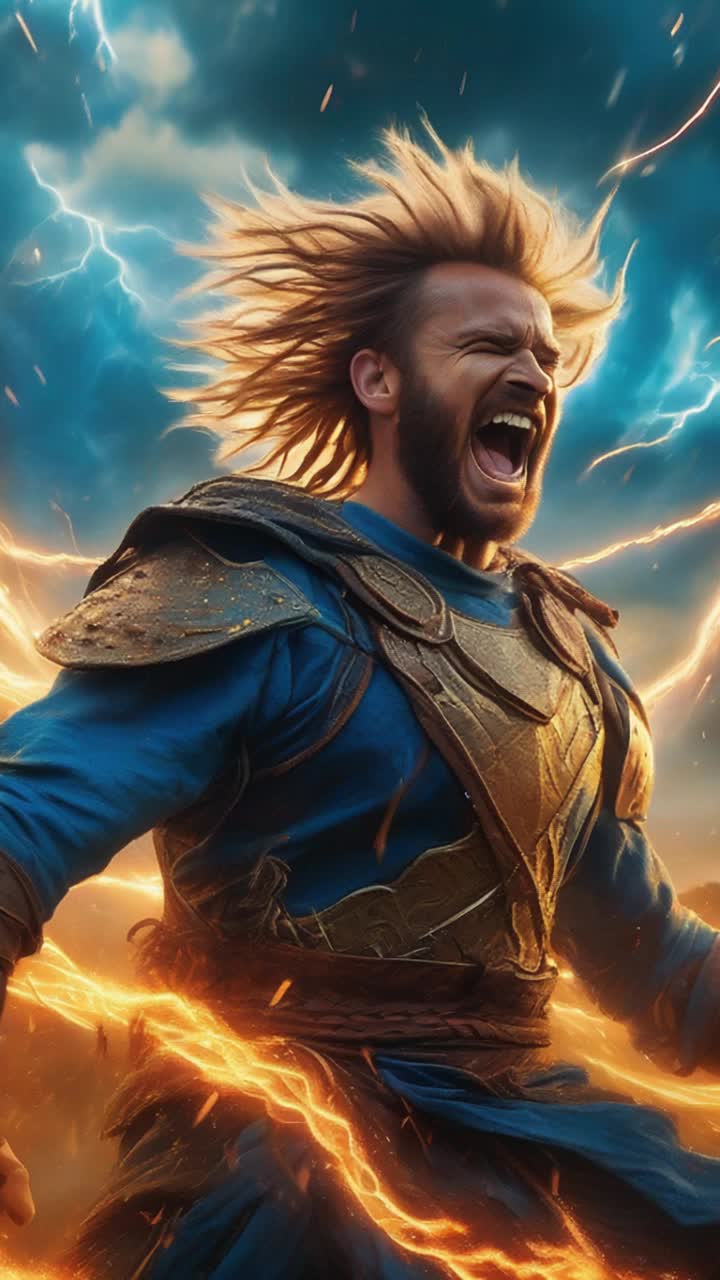 Brave warrior chosen by divine light spiky hair crackling with brilliant atomic blue energy stands defiantly amidst swirling chaos laughter echoing like thunder fierce demons snarling and clawing at the air shadows flickering with darkness swirling storm clouds overhead radiant energy illuminating the scene ground trembling with each laugh as fiery bursts of energy erupt around mighty warrior glimmering like stars in a night sky relentless assault of demonic figures highlighted by flashes of light in turbulent surroundings