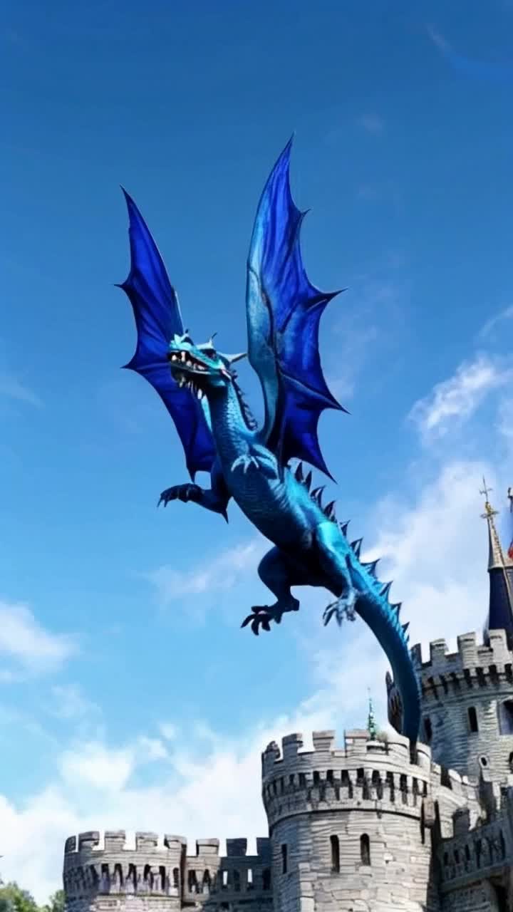 Blue dragon flying over midevil castle hyperrealism hyperdetailed 