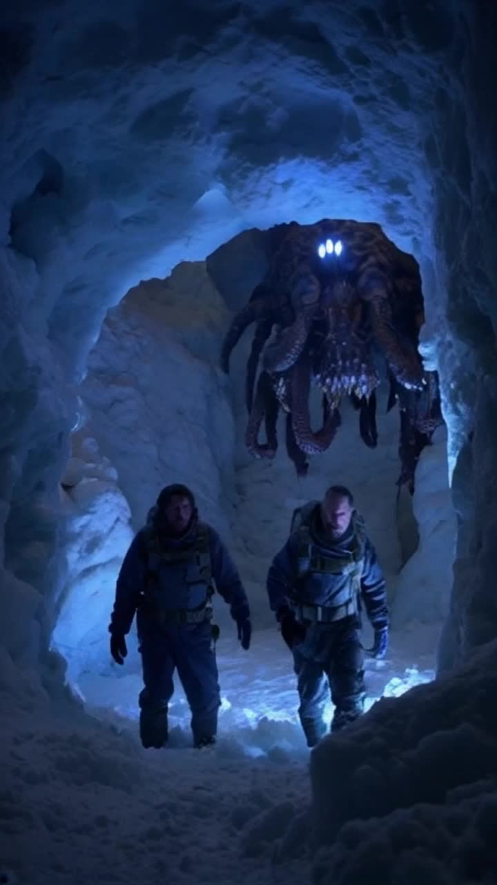 Two scientists clad in heavy snow gear venture into jagged icy chasms their expressions twist with creeping paranoia Each heartbeat echoes in the vast emptiness as they stumble upon nightmarish creatures resembling Cthulhu grotesque tentacles undulating and eyes gleaming with ancient malevolence Amidst icy walls shimmering with frost shards luminous blue light flickers casting eerie shadows that dance around them in a haunting symphony of fear and wonder