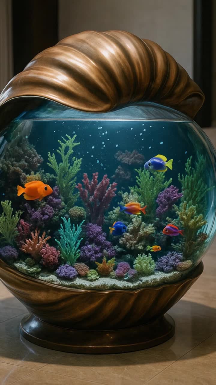 A oneofakind custombuilt fish tank shaped like a giant, polished seashell, placed in the center of a highend modern living room The tank holds crystalclear water with real, rare tropical fish swimming among live coral and softly glowing aquatic plants Gentle bubbles rise as natural light from nearby windows reflects off the glass Camera moves slowly around the tank, capturing the lifelike movement of the fish and subtle shadows on the stone floor Realistic textures, soft ambient sound, elegant, highdefinition, cinematic slow motion