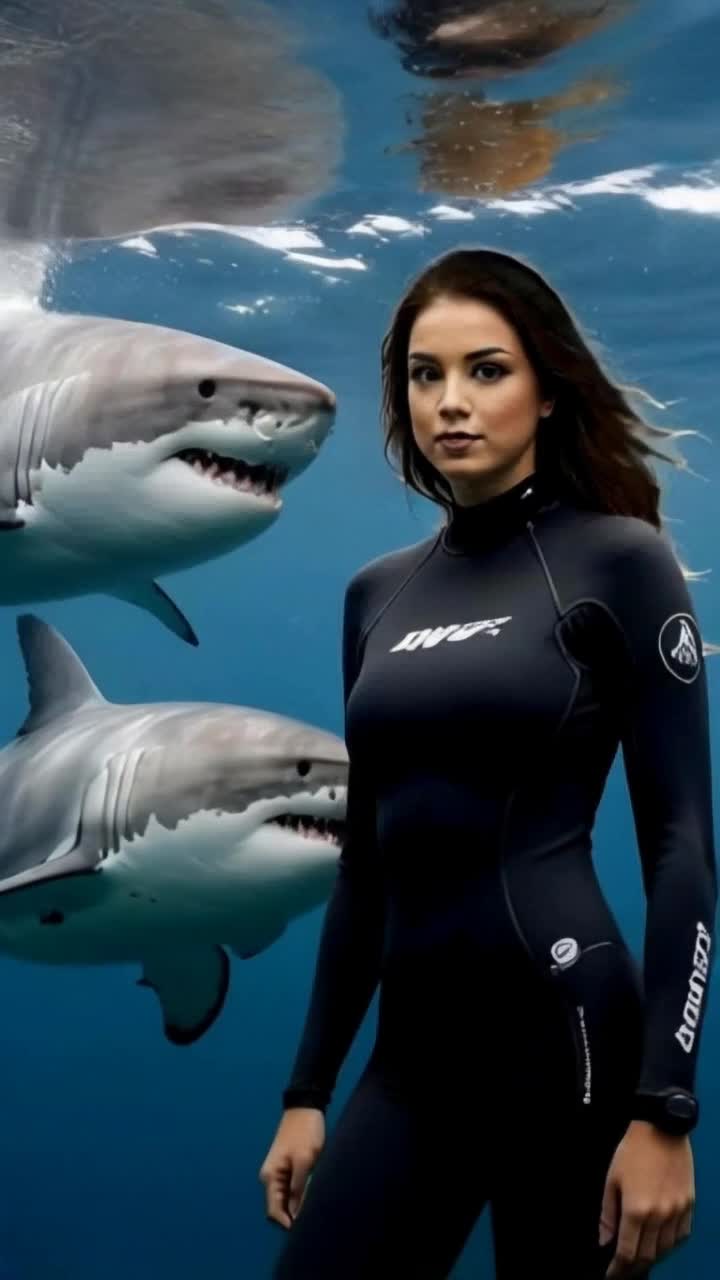 Elegant woman gliding gracefully in sleek skin diving suit surrounded by majestic sharks swirling around her in mesmerizing patterns vibrant coral reefs illuminated by dappled sunlight filtering through crystalclear water schools of colorful tropical fish darting past shimmering surface creating a tranquil underwater ballet peaceful ambiance filled with gentle sound of water rippling vibrant shades of blue and green enhancing the enchanting scene