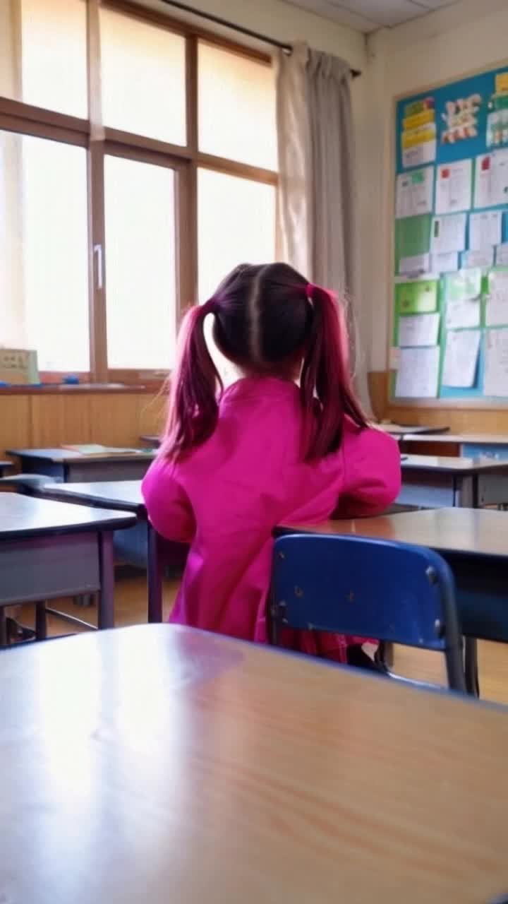Jovencita con coletas vibrantes de color rosa deslizndose con gracia sensualmente mientras se quita lentamente su uniforme escolar japons seductor en un saln de clases lleno de pupitres desordenados y carteles coloridos de materiales de aprendizaje luz suave filtrndose a travs de ventanas mostrando sombras danzantes en las paredes madera pulida resonando con eco de risas distantes