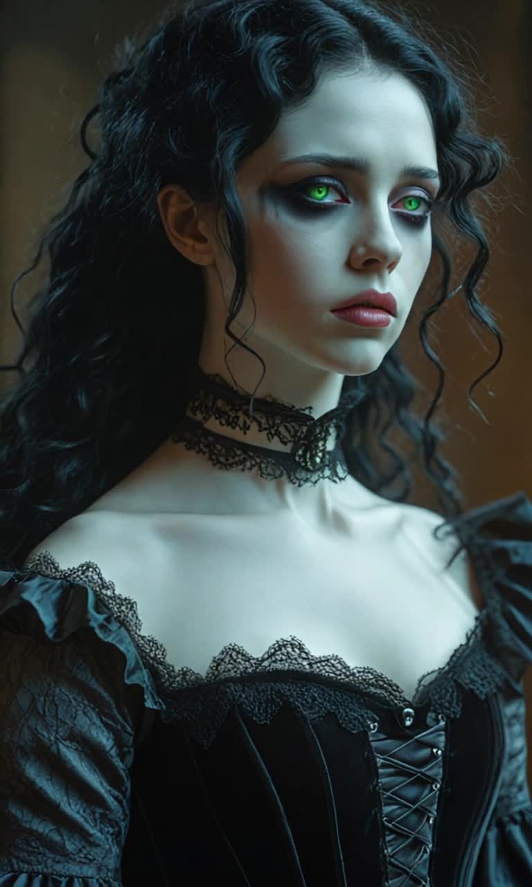 Woman with cascading black hair adorned in gothic attire pours her heart into a haunting melody Voice echoes powerfully like thunder resonating through a desolate forest Shadows dance around her as dark clouds swirl overhead Moonlight breaks through the branches illuminating her somber expression Eerie whispers carried by the wind enhance the atmosphere, creating an otherworldly vibe Mist rolls in from hidden depths, cloaking the scene in mystery Spectacular gothic architecture looms in the background, towering spires piercing the night sky Enchanting yet mournful energy envelops every note as she captivates unseen spirits