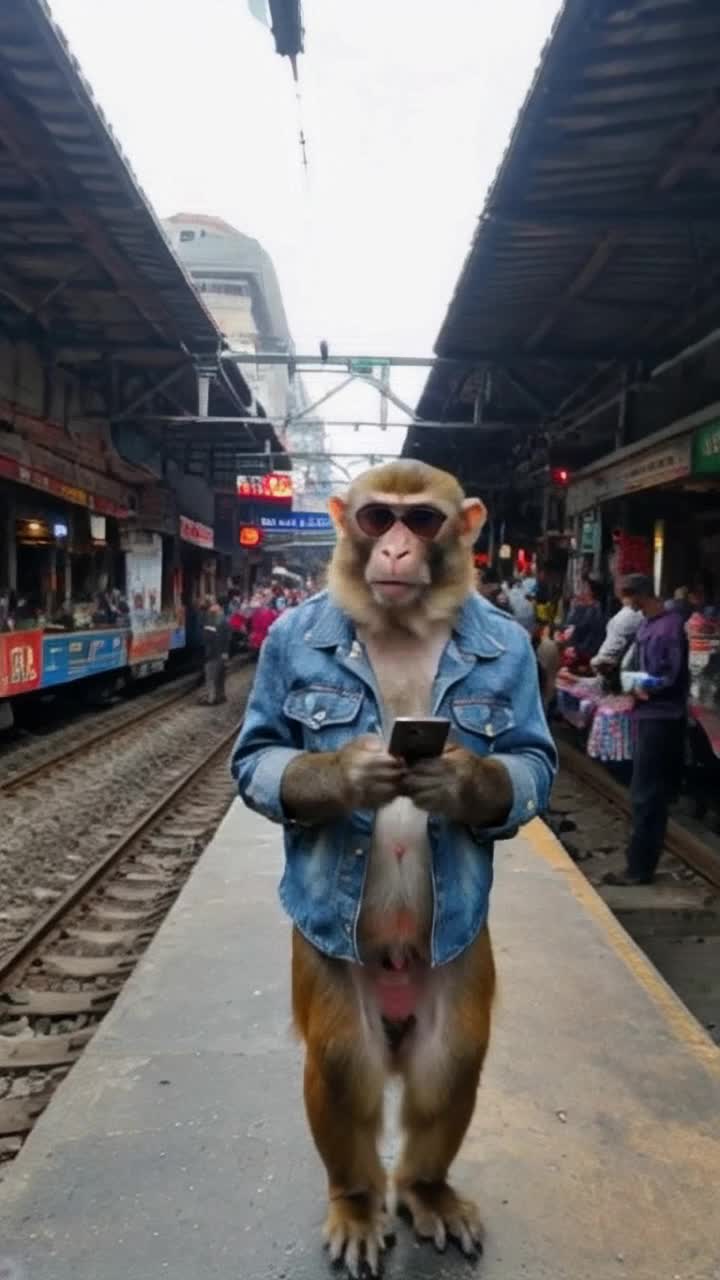 Playful monkey dressed in a stylish denim jacket black shades perched on its furry head  Strutting confidently through a bustling Indian railway station enthusiastically vlogging with a smartphone  Surrounded by colorful stalls aromatic street food vendors busy travelers and vintage train sounds creating a vibrant lively atmosphere