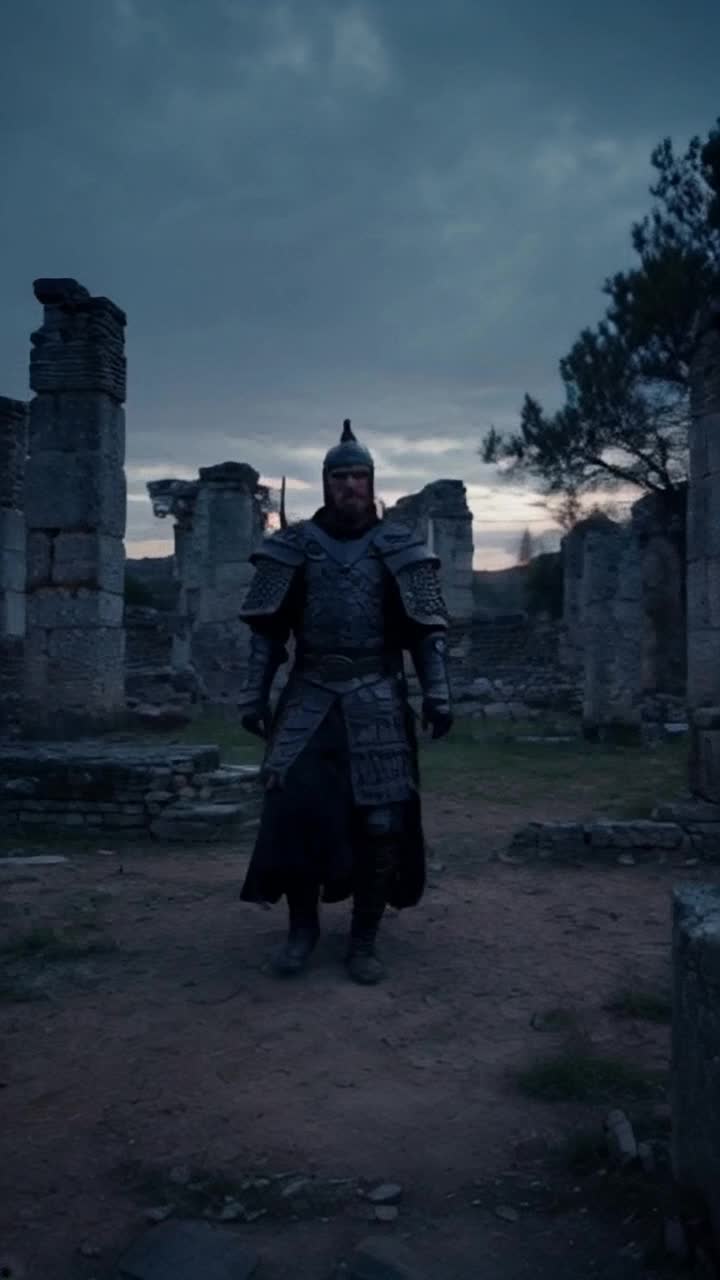 Valiant warrior adorned in intricate armor surging forward radiating determination charging through crumbling ancient ruins weaving between majestic stone pillars glowing with ethereal celestial light illuminating the path ahead vibrant with hope shadows creeping closer engulfing the scene ancient trees silhouetted against a twilight sky whispers of lost civilizations echoing through the air crackling energy spiraling around as the battle intensifies celestial forces rising to meet the darkness
