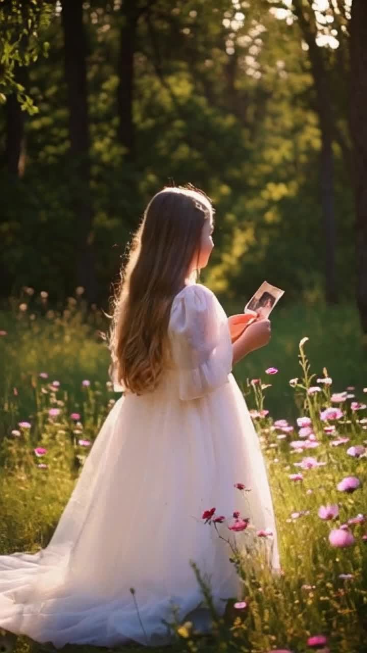 Girl in a flowing white dress with long hair cascading over her shoulders gazes wistfully into the distance clutching a small, worn photograph of her love She reminisces with a soft, dreamy smile as sunlight filters through lush green leaves above Gentle breeze rustles through trees creating a soothing symphony of natures whispers Vibrant wildflowers dance around her feet, adding bursts of color to the serene woodland scene Golden hour light bathes everything in a warm glow, casting long shadows and enhancing the magic of cherished memories lingering in the air around her